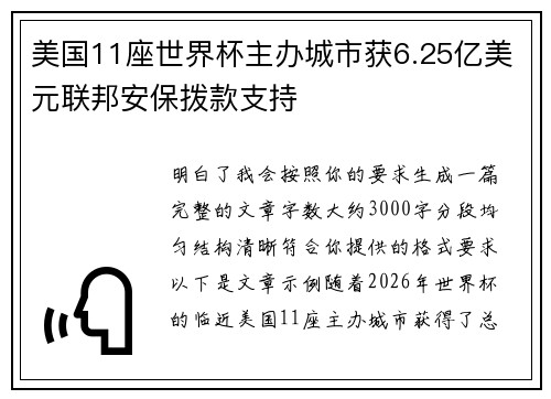 美国11座世界杯主办城市获6.25亿美元联邦安保拨款支持