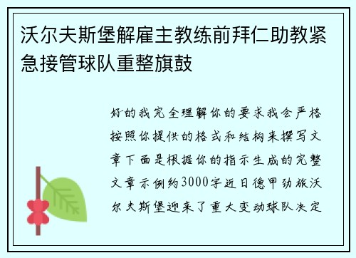 沃尔夫斯堡解雇主教练前拜仁助教紧急接管球队重整旗鼓